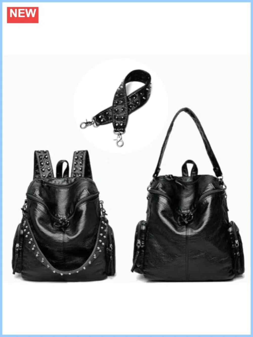 Vegan PU Leather Studded Backpack Purse with Knotted Zippers - Travel Daypack